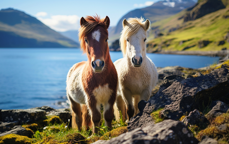 © perpis - stock.adobe.com - zwei Islandpferde am Ufer eines Sees