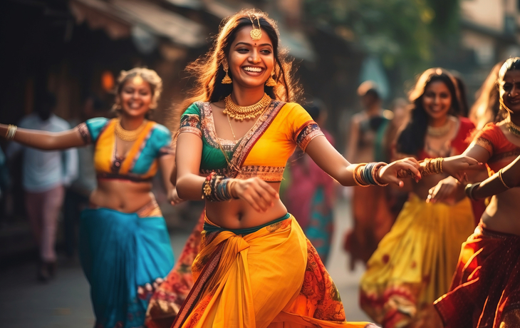 © Denis - stock.adobe.com - Indische Frauen tanzen in traditionellen Kleidern auf der Straße