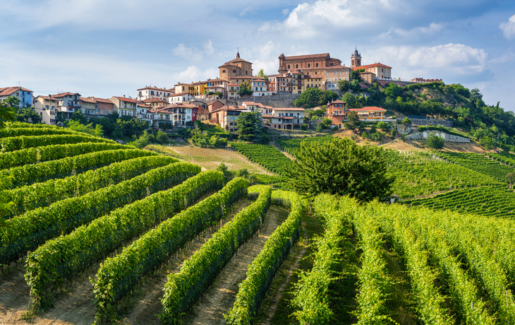 Dorf La Morra und seine Weinberge in der Region Langhe im Piemont