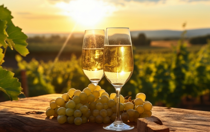 ein gekühltes Glas Prosecco-Sekt auf einem rustikalen Holztisch - © aicandy - stock.adobe.com