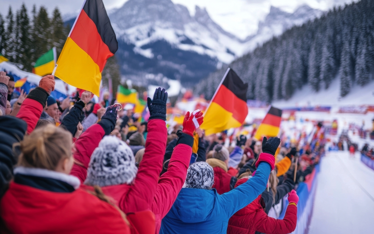 Begeisterte Biathlonfans in Winterjacken, die Deutschlandfahnen schwenken und die Athleten anfeuern, mit verschneiter Biathlonstrecke, Wald und Bergen im Hintergrund. - © master1305 - stock.adobe.com