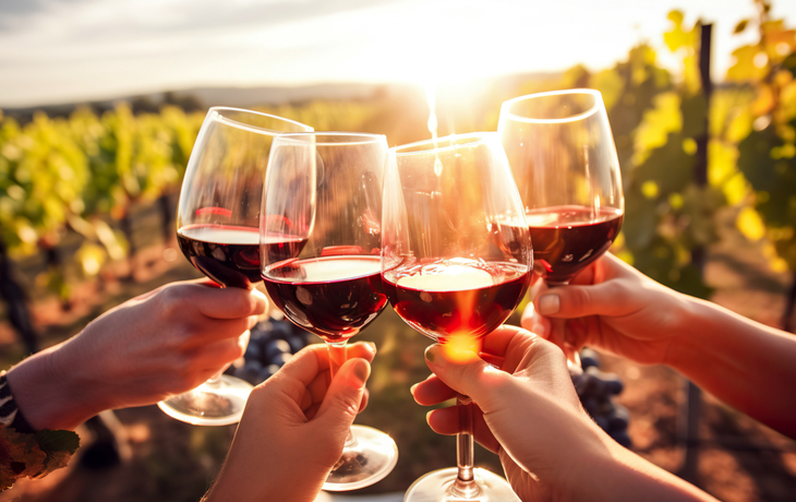 Freunde stoßen tagsüber im Freien auf Wein in einem Weinberg an.  - © Viks_jin - stock.adobe.com