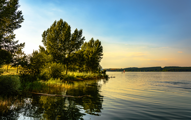 Uferlandschaft am Brombachsee im Abendlicht