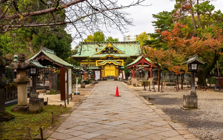 Holztor eines japanischen Schreins mit blauem Himmel und Bäumen im Hintergrund. - © beeboys - stock.adobe.com
