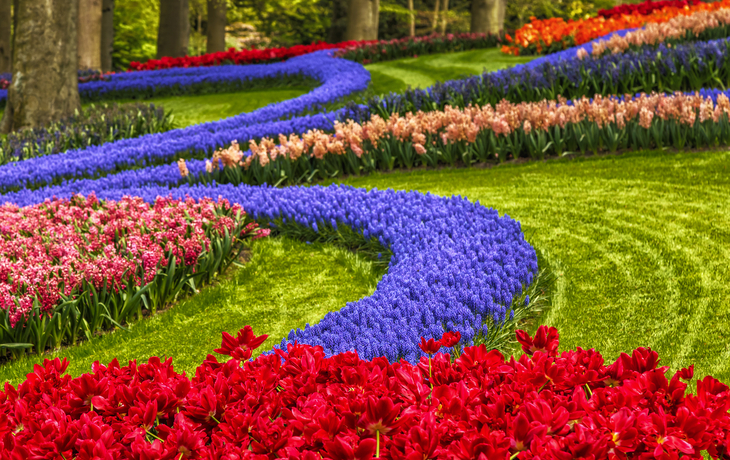 Park mit bunten Blumenbeeten, Bänken und Bäumen im Sonnenlicht. - © rois010 - stock.adobe.com