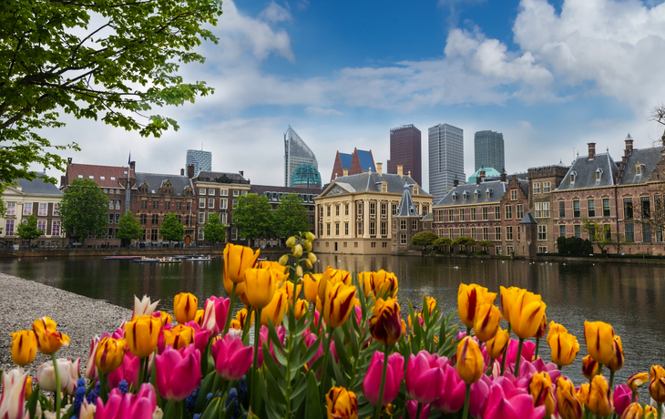 Park mit bunten Blumenbeeten, Bänken und Bäumen im Sonnenlicht. - © rois010 - stock.adobe.com