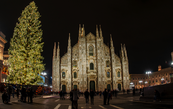 Mailänder Dom bei Nacht mit beleuchtetem Weihnachtsbaum links. - ©gpriccardi - stock.adobe.com