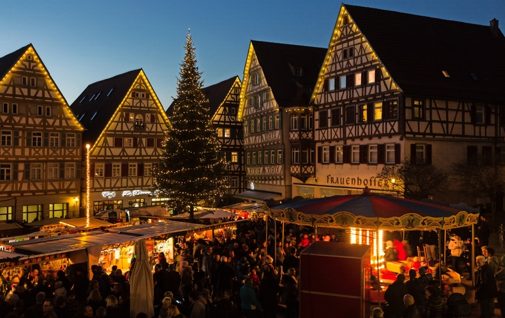 Besuchermenge vor dem beleuchteten Alten Schloss auf dem Stuttgarter Weihnachtsmarkt bei Nacht. - in.Stuttgart/Thomas Niedermueller