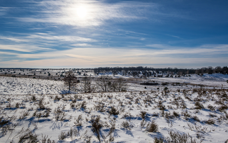 Schneebedeckte Landschaft unter hellem Himmel mit Wolken und fernen Bäumen. - © foto-select - stock.adobe.com
