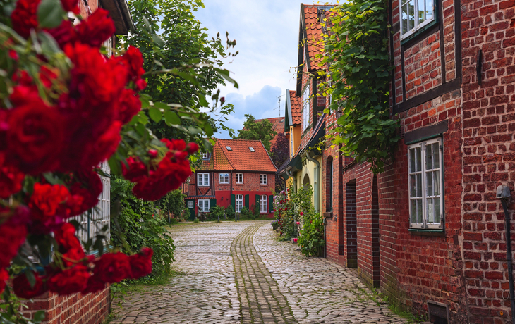 Kopfsteinpflasterstraße mit roten Backsteinhäusern und blühenden Rosen. - © yrabota - stock.adobe.com